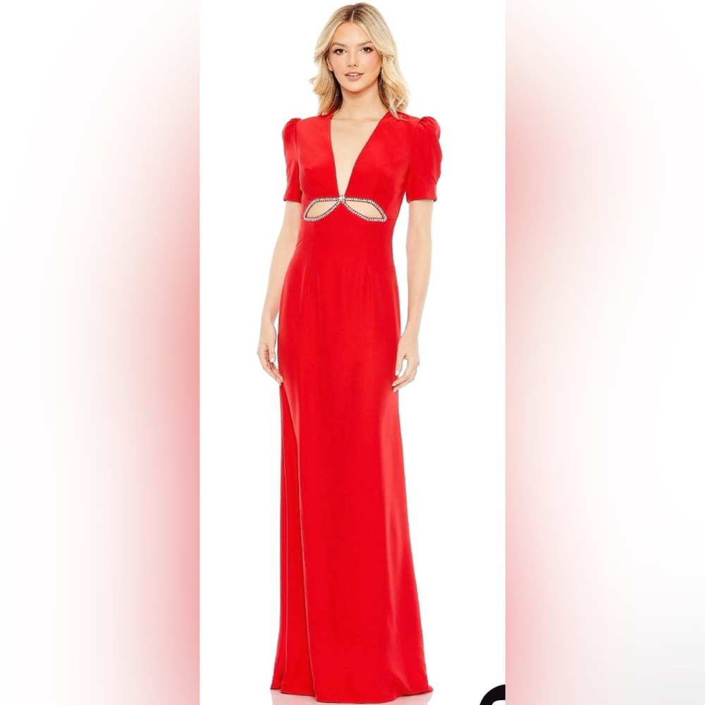 Mac Duggal Red Plunge Neck Puff Sleeve Cut Out Gown. Size 2. NWT.